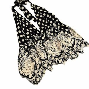 Free People Black and Cream Polka Dot Halter Top with Embroidered Hem